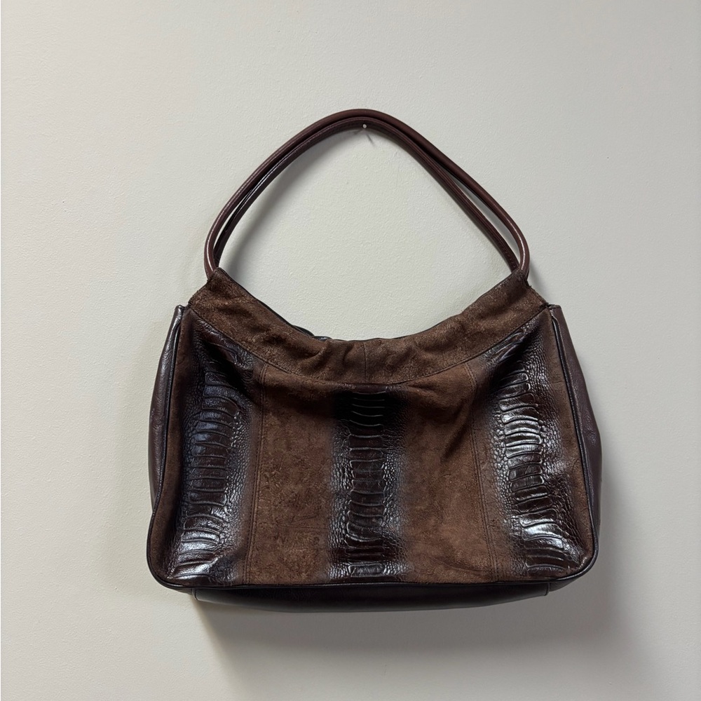 Vtg Franco Sarto Brown Genuine Leather Crocodile Print Hobo Bag